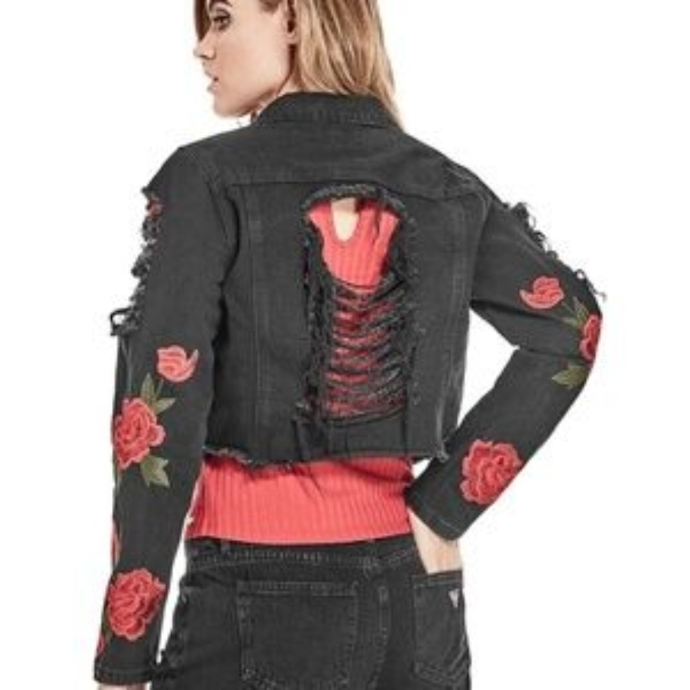 NWT Guess Crop Jean Jacket with Rose Design